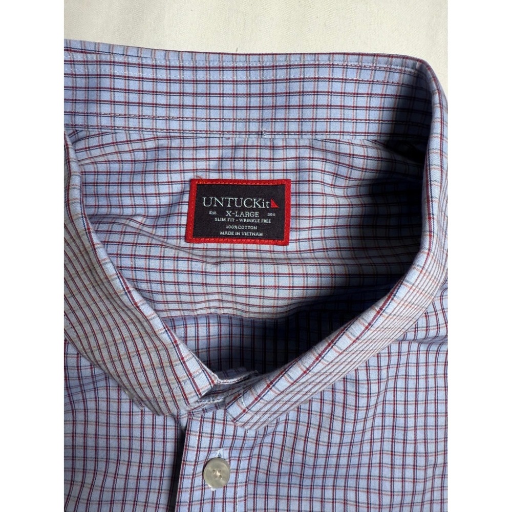 UNTUCKit Galloni WF Slim Fit Light Blue Red Check Dress Shirt Mens XL - Picture 2 of 6